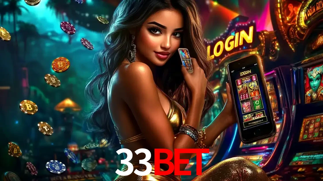 Mulher em um cenário de cassino temático de aventura, mostrando o app de caça-níqueis da 33BET no celular. Fichas de apostas flutuam ao redor.