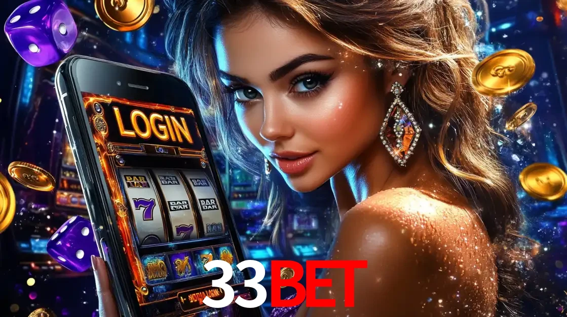 Mulher glamorosa segurando um smartphone com a tela de login para os jogos de caça-níqueis do cassino online 33BET, com moedas de ouro e dados ao redor.