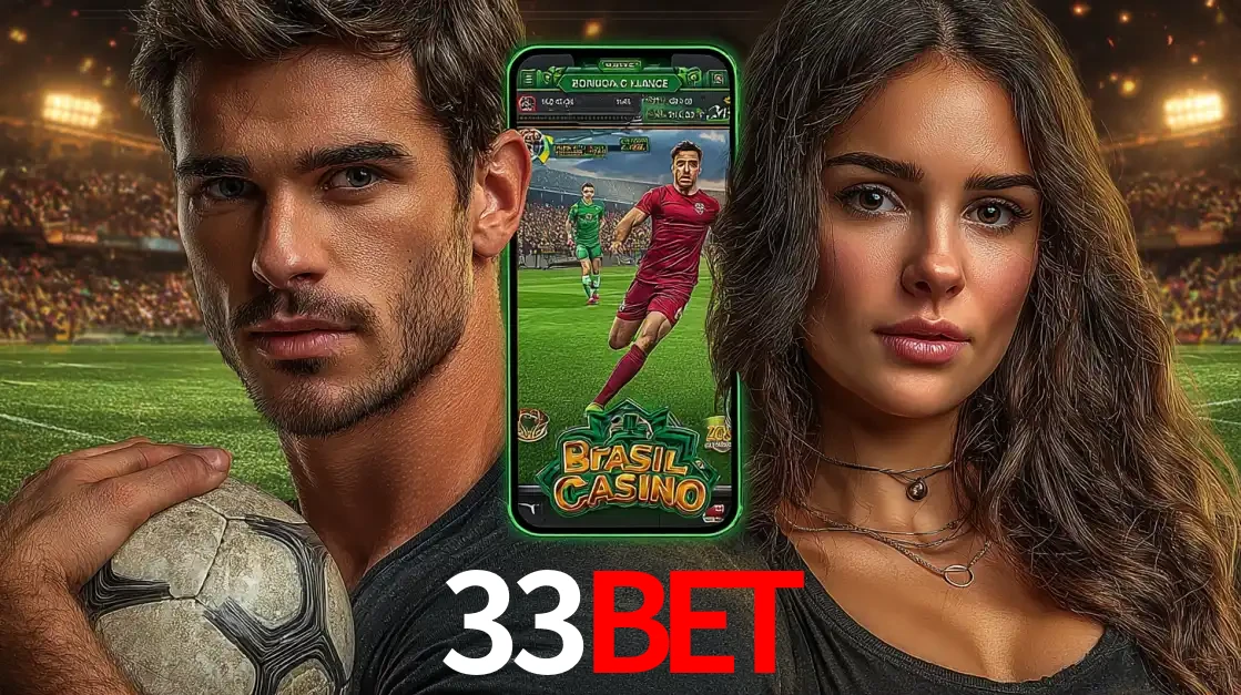 Homem segurando uma bola de futebol e uma mulher ao lado de um smartphone exibindo o jogo de apostas esportivas da 33BET. Faça seu palpite no cassino online.